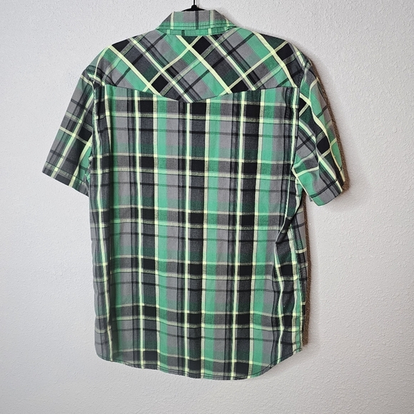 Rerun Mens Large Green Black Plaid Western Camp Shirt Button Cowboy - Picture 7 of 9